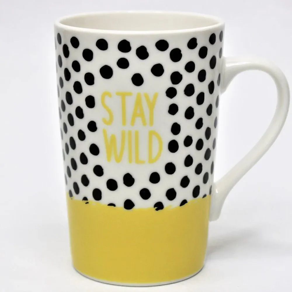 Tall Mug Morning Cup of Stay Wild Ceramic Yellow with Black Polka Dots 13 fl.